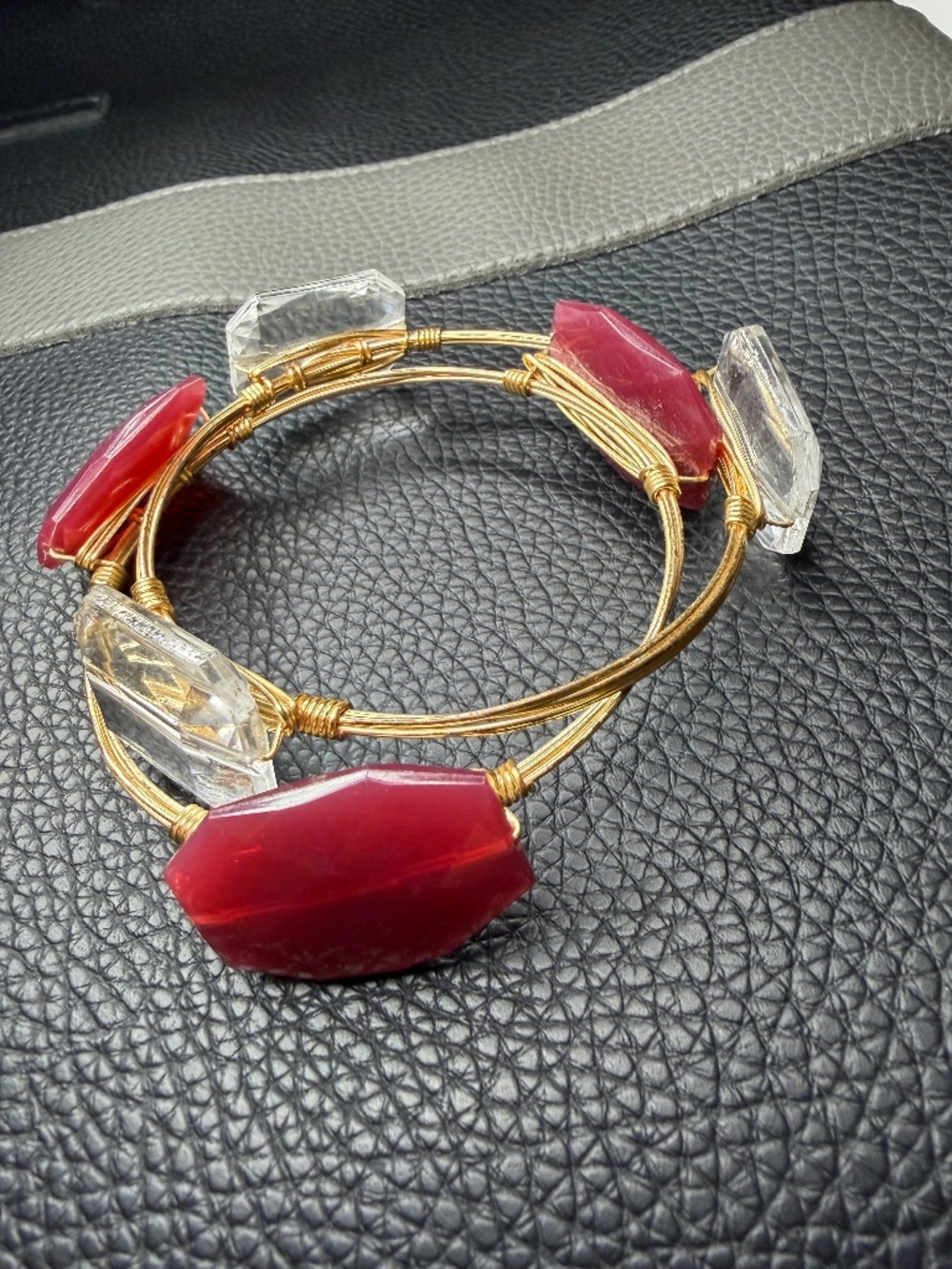 Set of 2 Gold Tone Wire Wrapped Acrylic Beaded Stackable Bangle Bracelets 3"
